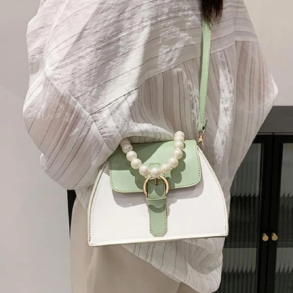 Mint green and white pearl handle satchel